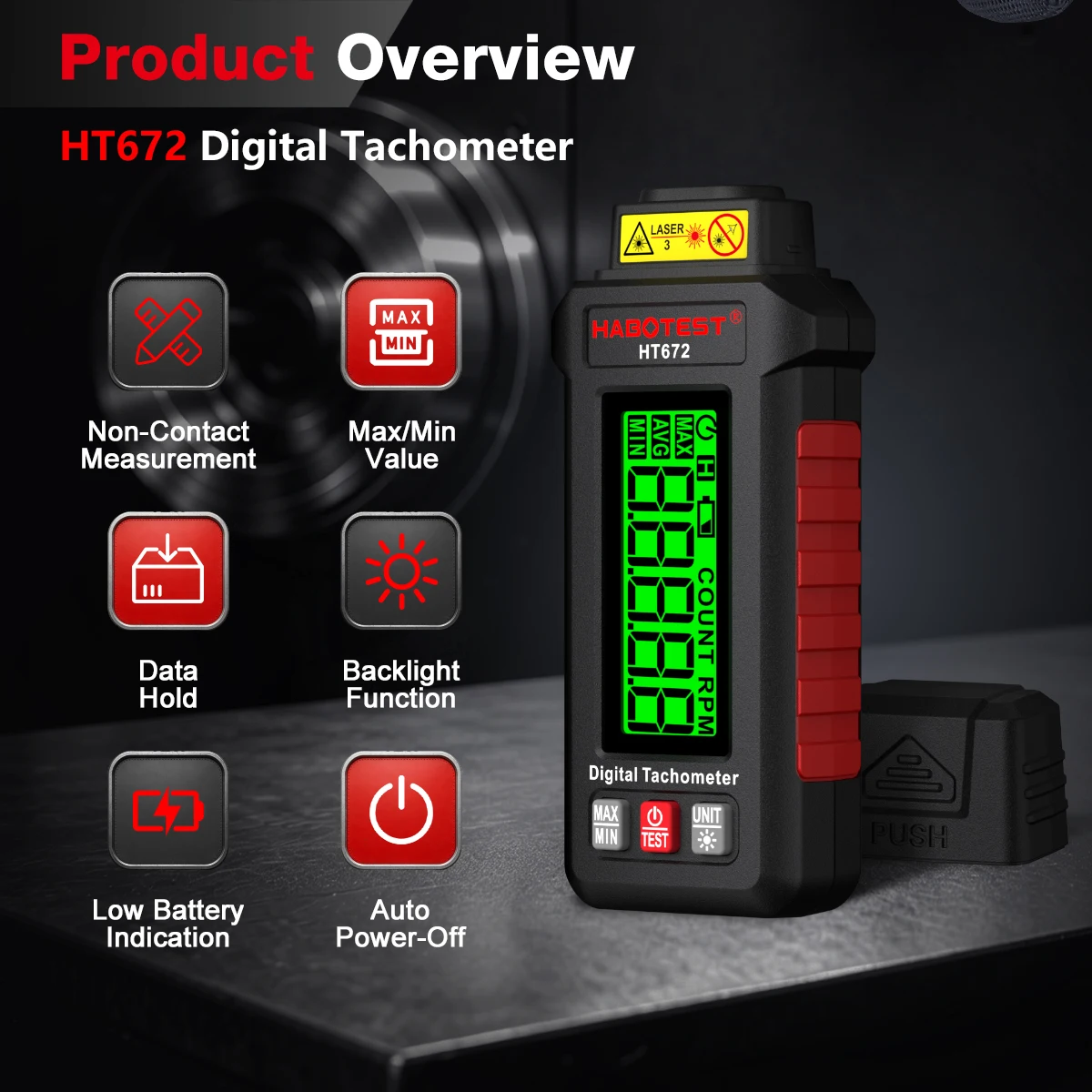 HABOTEST HT672 Mini Digitaler Laser-Drehzahlmesser Berührungsloser Drehzahlmesser Drehzahlbereich 10-99999RPM Drehzahlmesser Kilometerzähler Hintergrundbeleuchtung – Detail 2