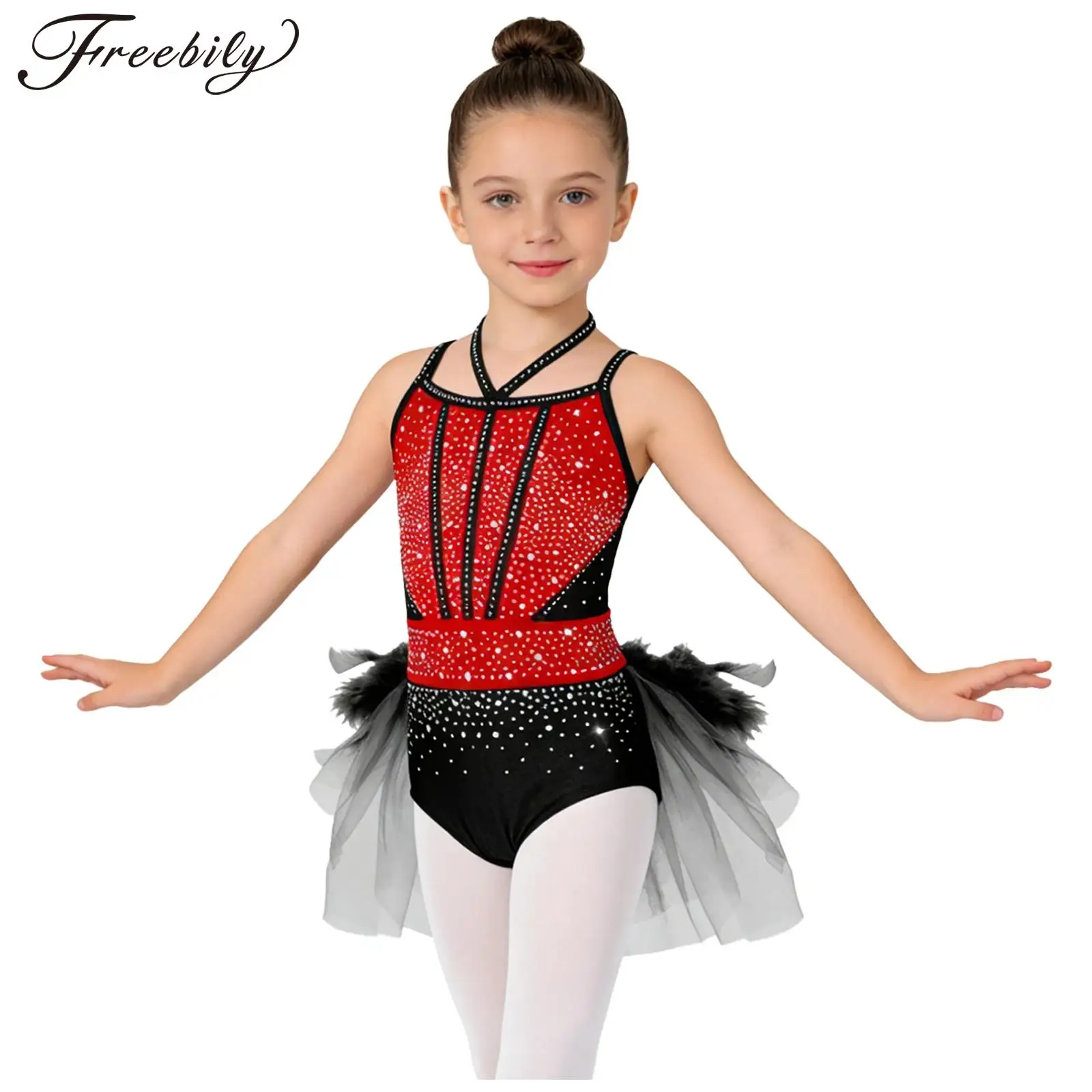 Children Girls Jazz Latin Dance Leotard Halter Sparkly Rhinestone Feather Tulle Dress Bodysuit Ballet Skating Gymnastics Costume