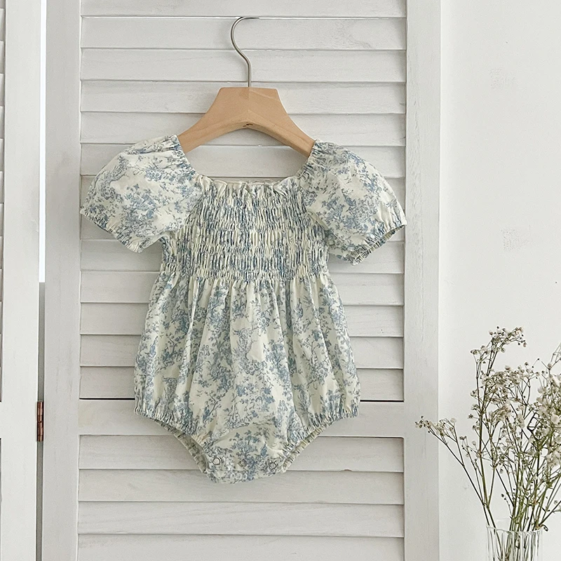 Summer Sister Dress Infant Newborn Baby Girl Clothes Sister Female Baby Small Broken Blue Flower Short Sleeved Romper Clothes