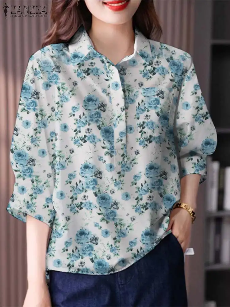 ZANZEA 2024 Women Summer Shirt Lapel Neck 3/4 Sleeve Blouse Elegant Floral Printed Tops Casual Bohemian Party Work Blusas Mujer