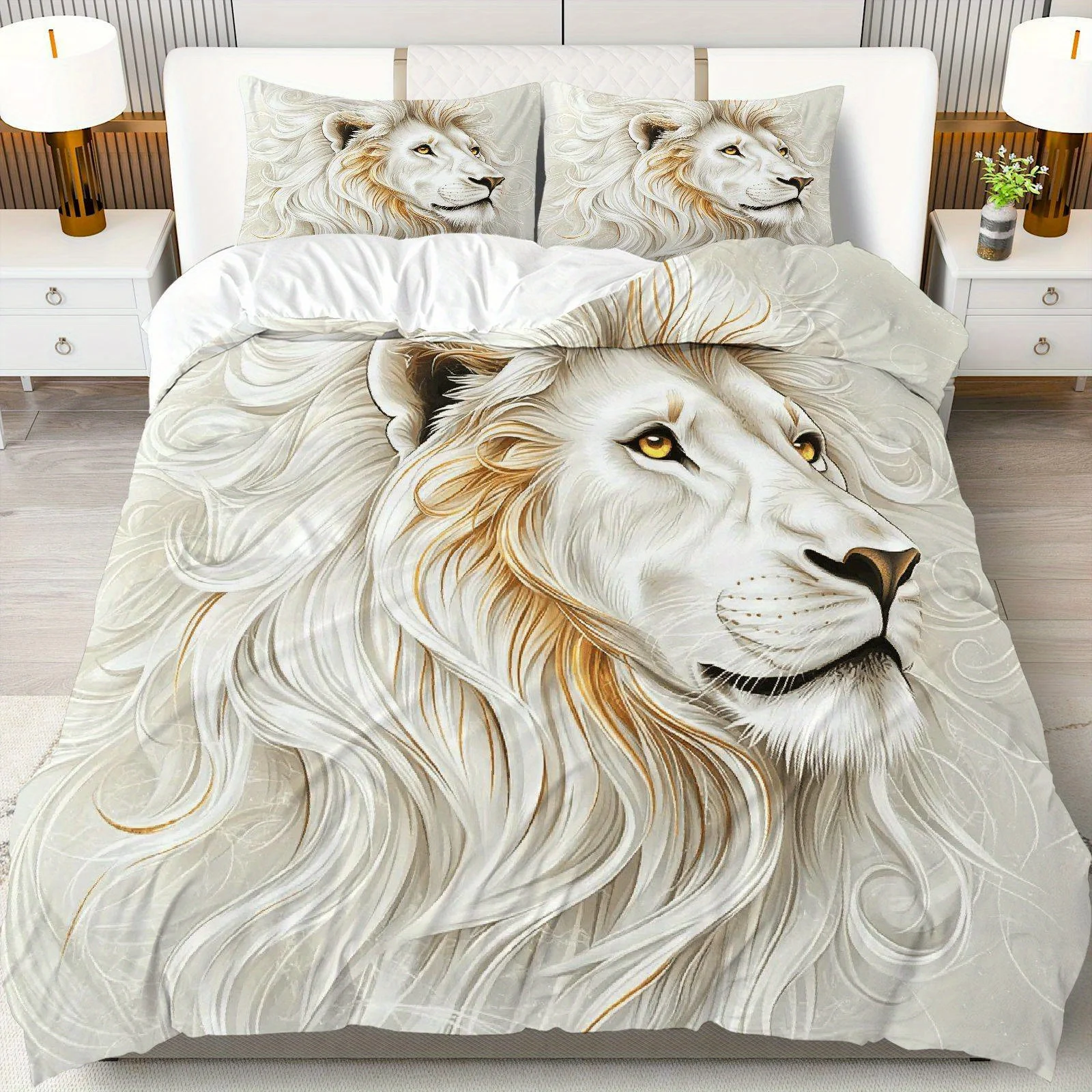 3pcs White Lion Bedding Set 3D Printed Single Queen Size Duvet Cover Set for Kids Adult Bedroom Home Decor Machine-washable