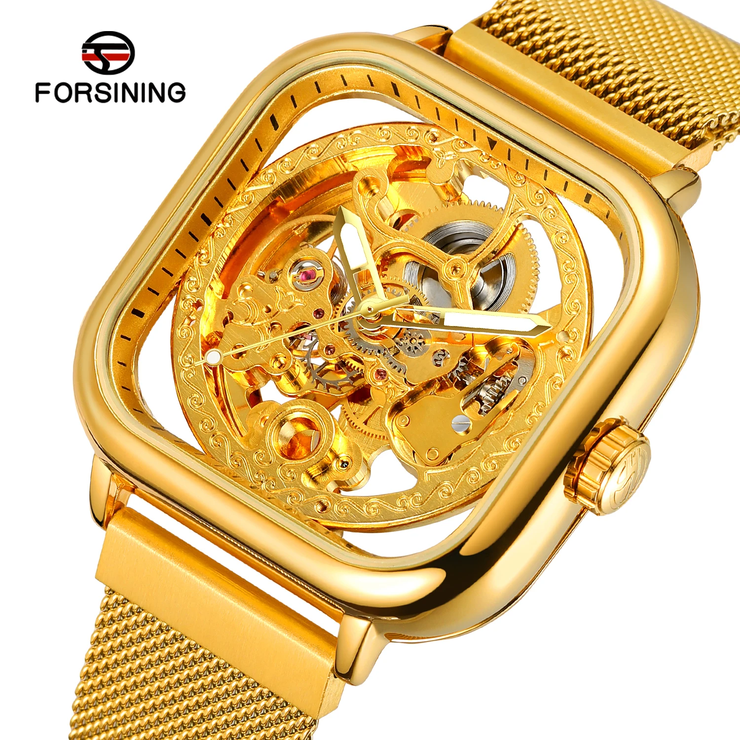 FORSINING Engraved Men Automatic Skeleton Mechanical Watch Luminous Hands Hollow Carving Casual Golden Mesh Steel Band Man Clock