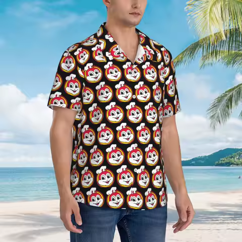 Jollibee Hawaiian Shirts Funny Men Short Sleeve Shirt for Summer Beach Men's Button Tops