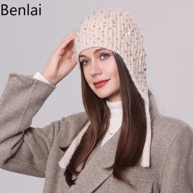 Sparkling Rabbit Hair Knitted Hat for Women in Winter Keeping Warm and Showing Off Face Small Ear Protection Pullover Woolen Hat