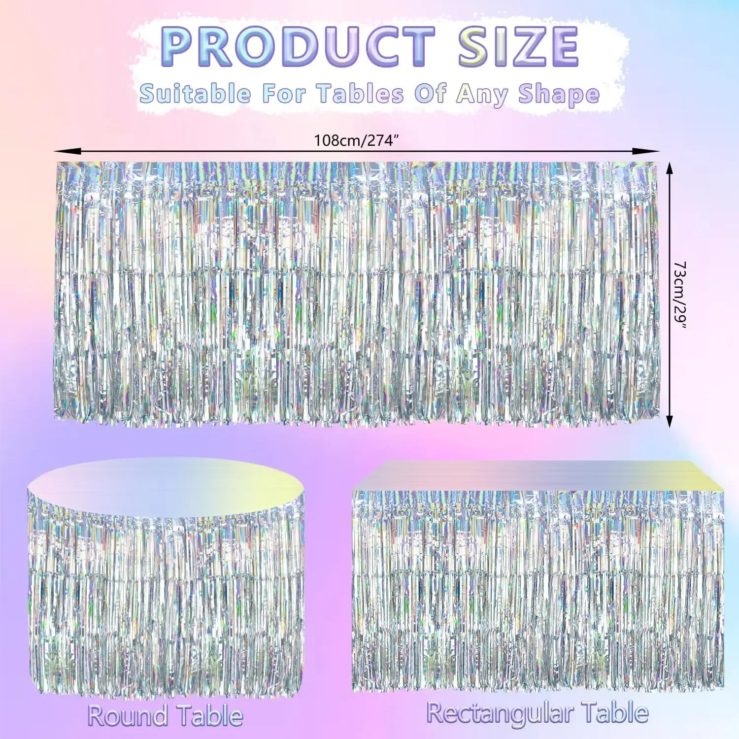 274 X 75CM Shiny Disposable Laser Rainbow Table Skirt for Birthday Wedding Baby Show Holiday Grand Event Disco Party Decoration