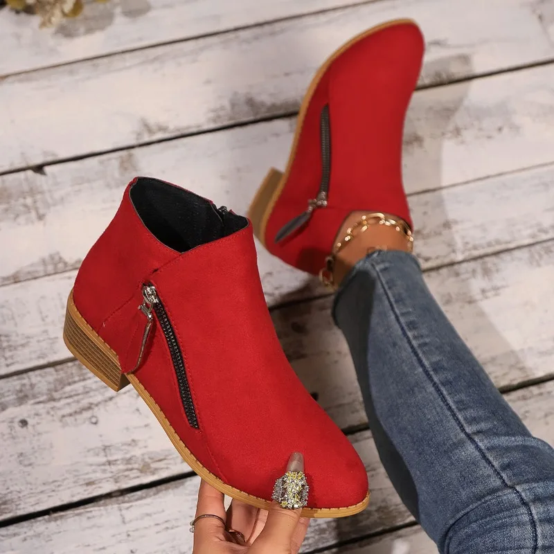 Big-size Women's Thick-soled Side-zip Casual Boots with Fur Lining, Trendy Single Boots for The European Style.