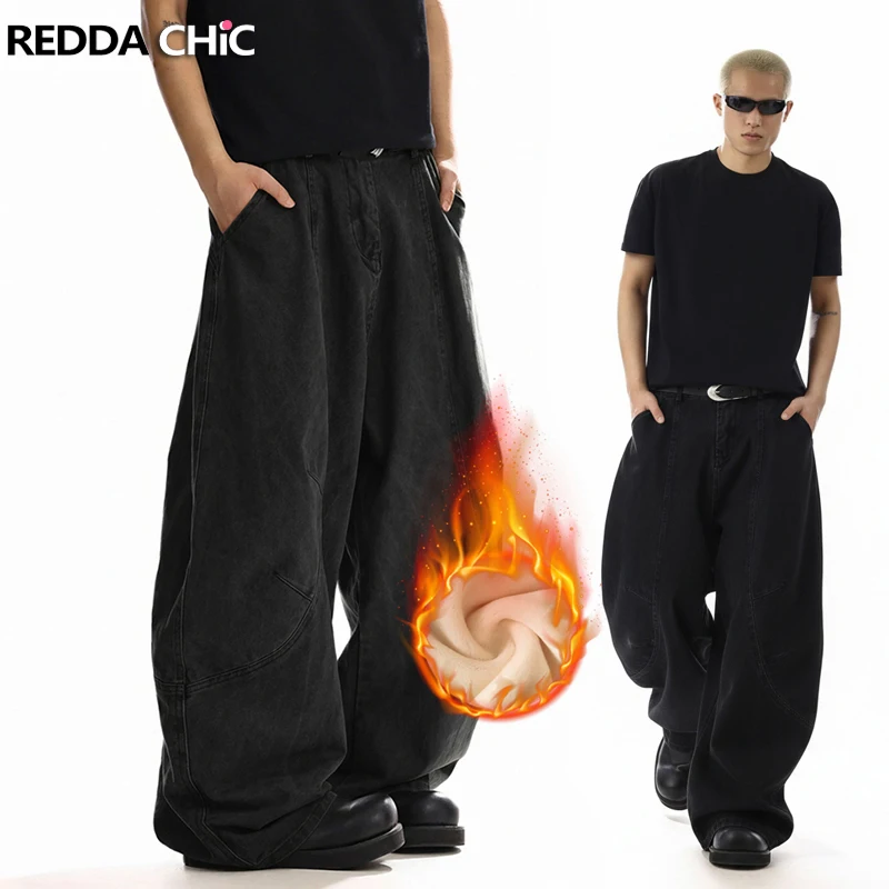 

REDDACHIC Men's Black Barrel Denim Pants Vintage Patchwork Low Rise Wide Leg Pockets Fleece Lined Baggy Jeans Grunge Streetwear