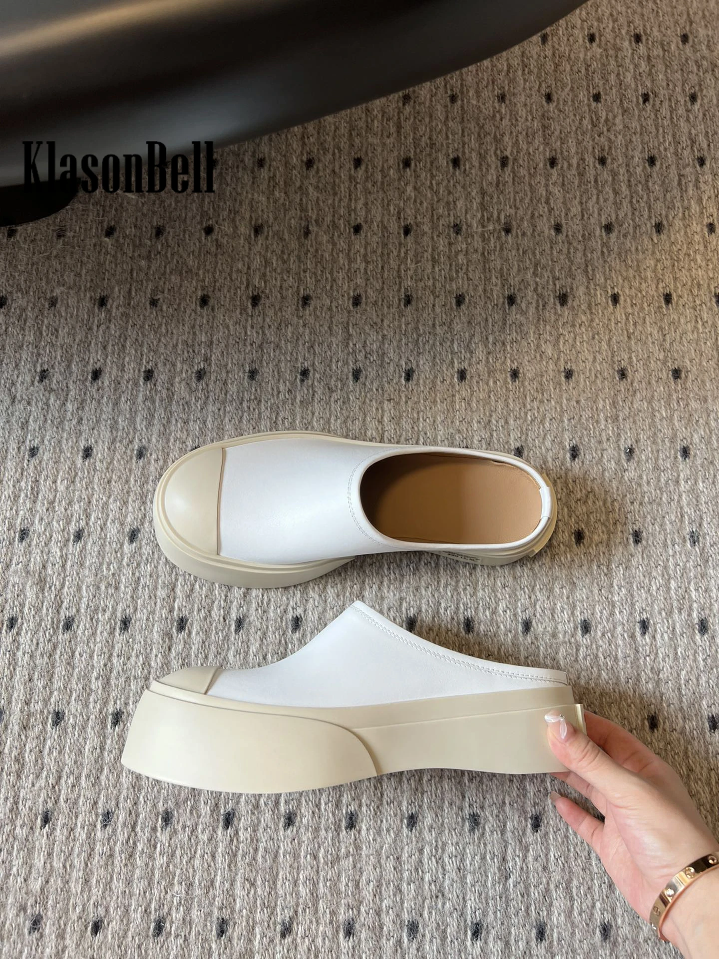 6.5 KlasonBell 2024 Summer New Thick Sole Outside Slippers Mules Shoes Genuine Leather Fashion Casual Slip-one Sandals Women