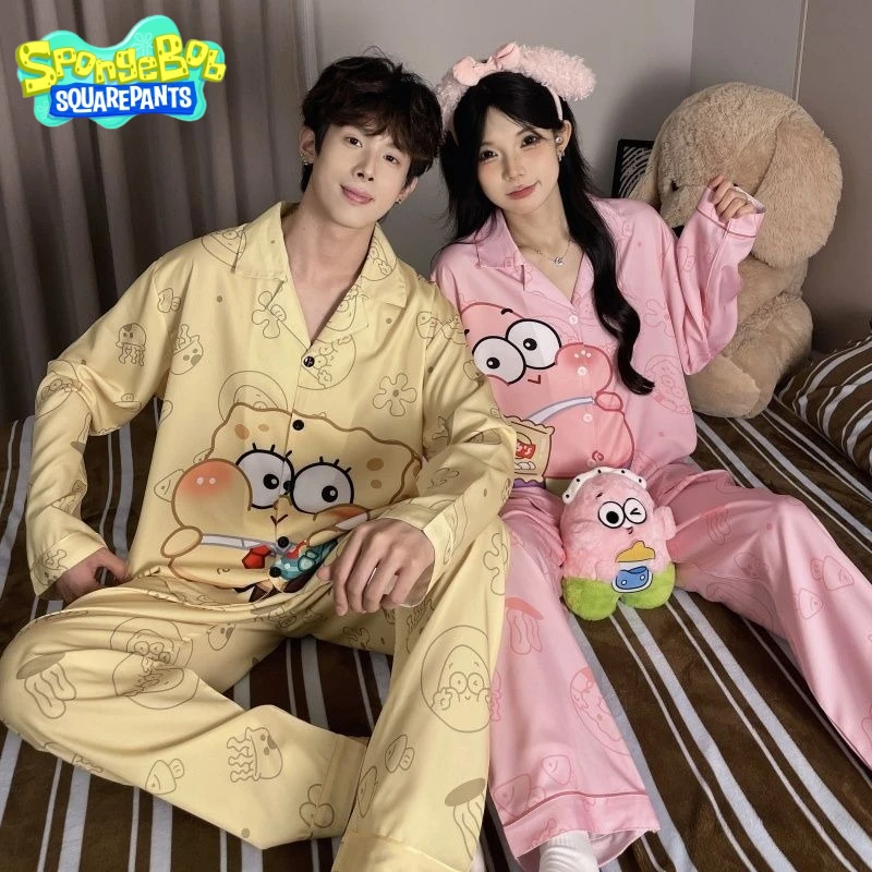 Губка Боб Квадратные Штаны Пижамы Патрик Старранйм Мультяшный Печать Домашняя Одежда Пара С Длинным Рукавом Ледяной Шелк Костюм Праздничный Подарок