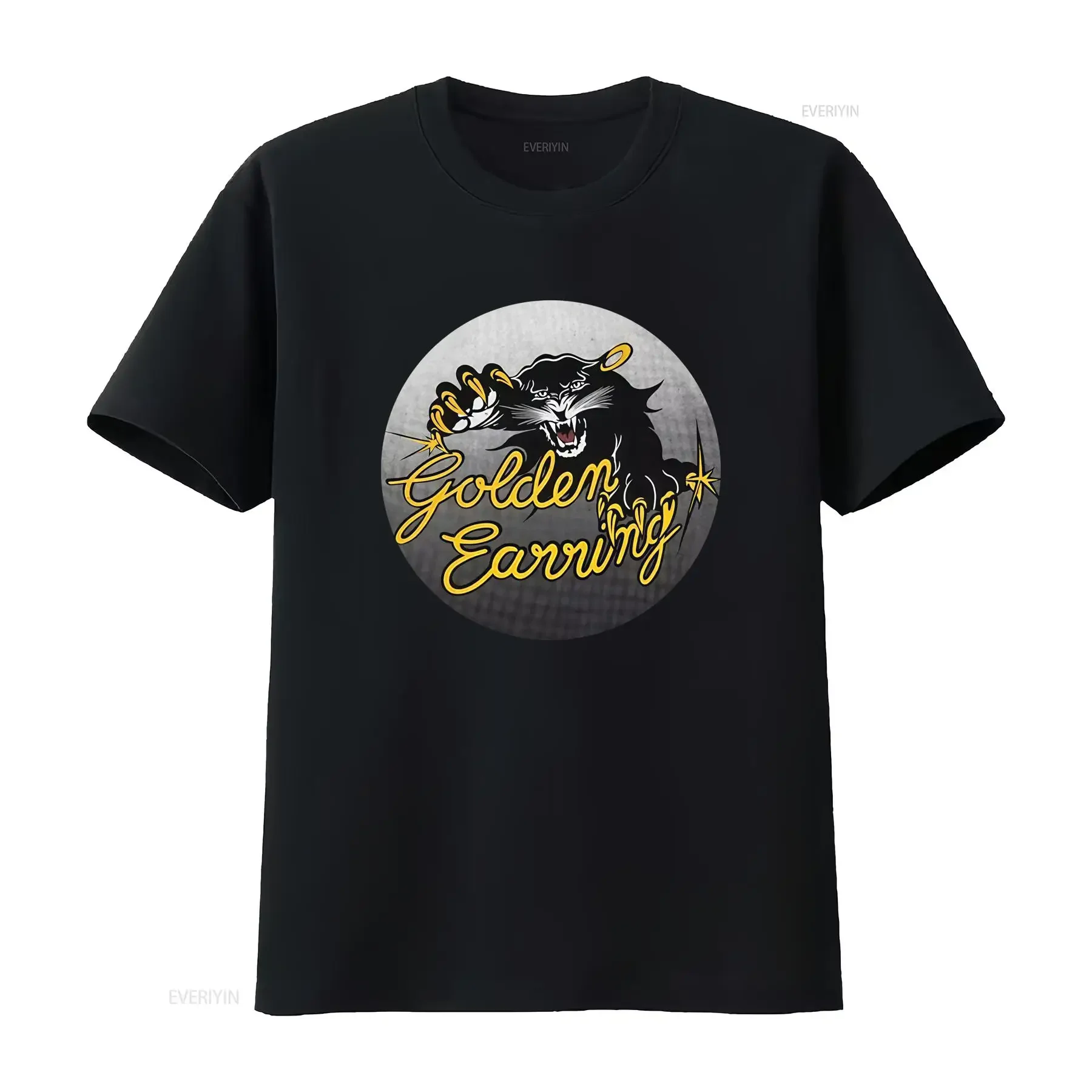 Camiseta negra vintage con dije de aretes dorados Tallas concierto desde S hasta 3XL cuello redondo tejido ligeramente vintage
