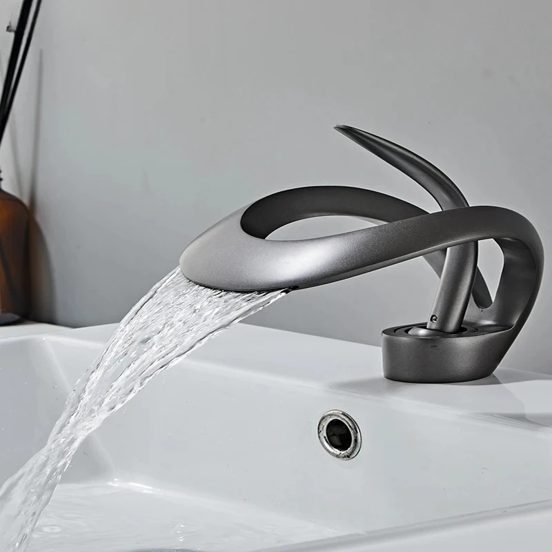 Luxury Grey Bathroom Basin Faucet Brass Single Handle Waterfall Mixer Tap Modern Hot Cold Sink Mixer