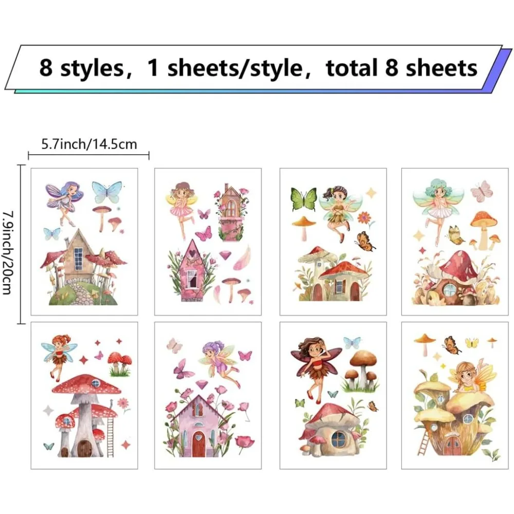 8 Sheets Fairy Butterflies Wall Decals Window Stickers Mushroom House Waterproof Removable Vinyl Wall Art for Classroom Bedroom