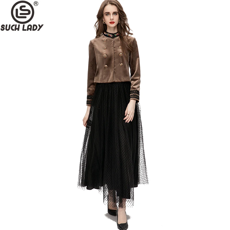 

Women's Runway Two Piece Dress Stand Collar Long Sleeves Blouse with Layered Skirts Fashion Twinset Sets