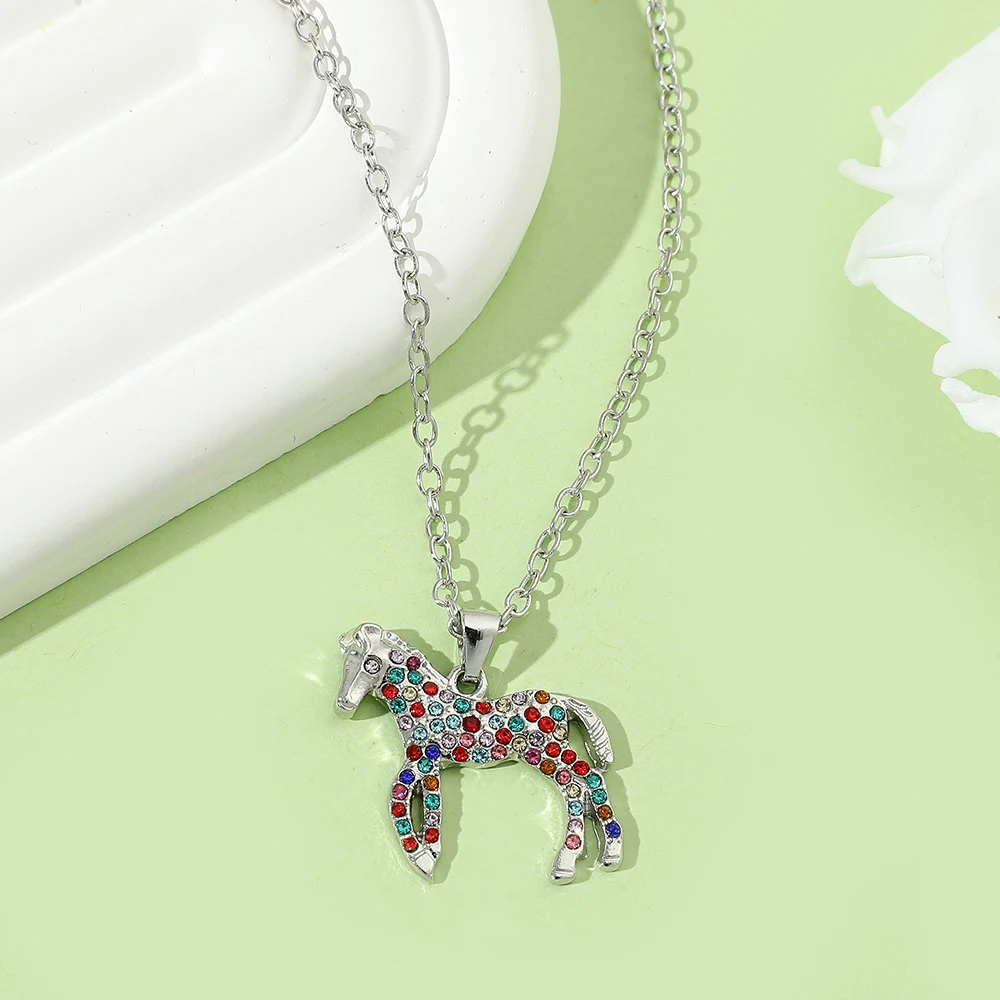 creative personality Bling Colorful Crystal Animal Necklace Shiny Horse Pendant Choker for Women Girls Jewelry Gift
