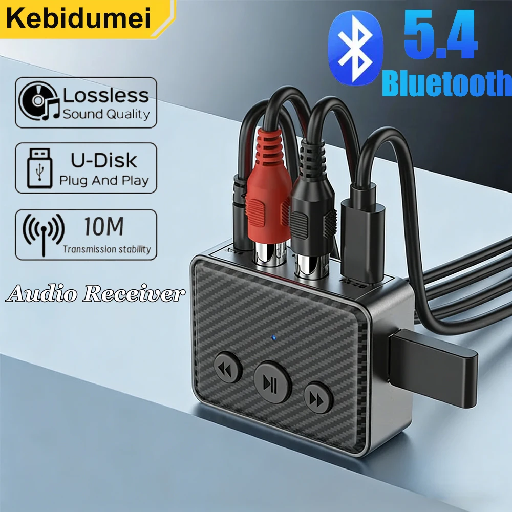 Bluetooth 5.4 Audio-Empfänger RCA 3,5mm AUX USB Wireless-Adapter mit Mikrofon, unterstützt U-Disk-Wiedergabe für PC, TV, Auto-Kit, Lautsprecher, Verstärker