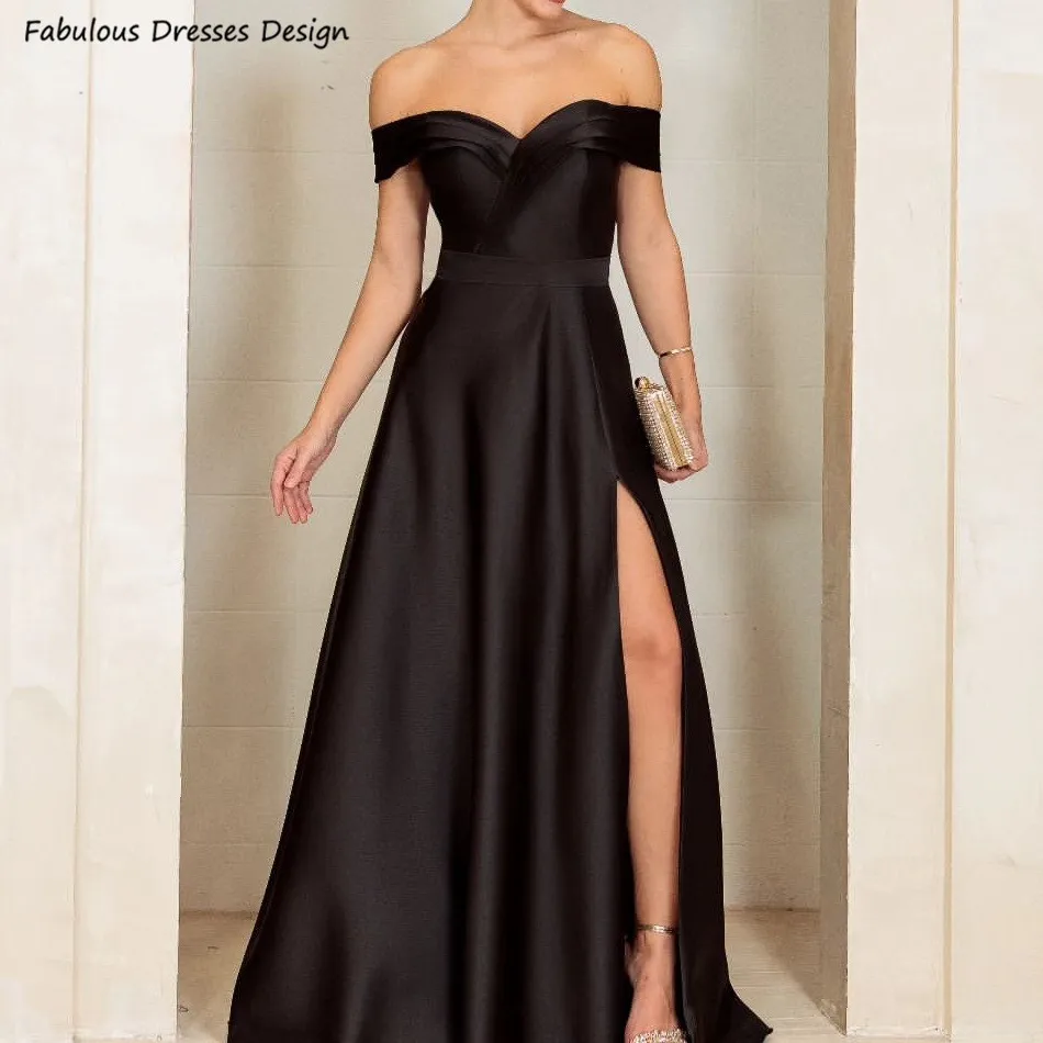 Sexy alta fenda preto vestidos de dama de honra feminino longo a linha cetim vestido de convidado de casamento fora do ombro querida pescoço vestido de festa de baile