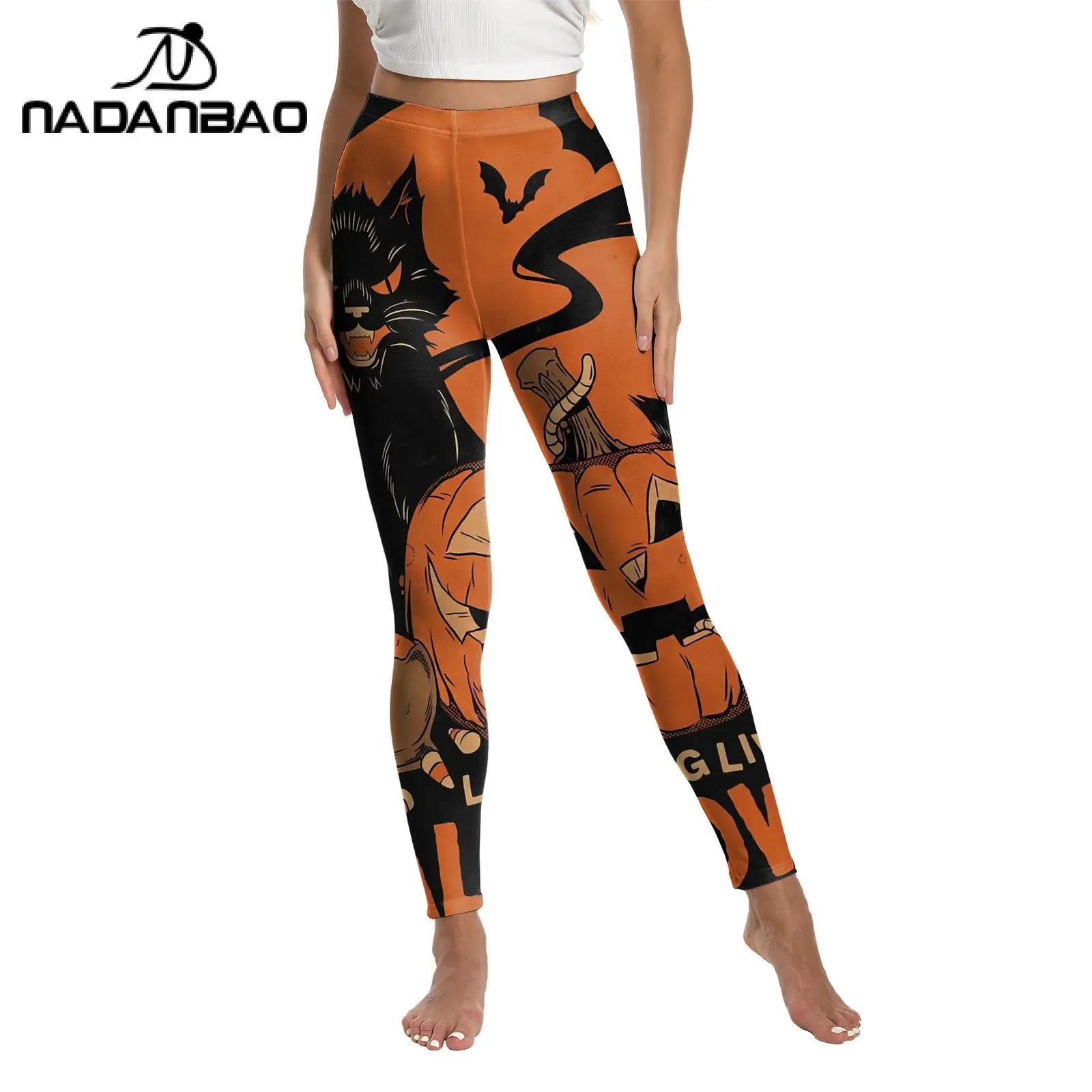 NADANBAO Women Halloween Legging Funny Balck Cat Pumpkin Print Pants Carnival Party Tights Bottoms Sexy Stretch Skinny Pants