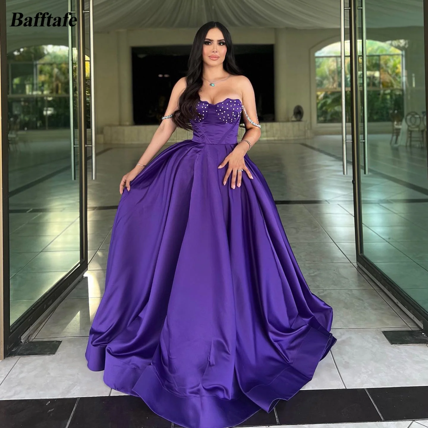 

Bafftafe Purple A Line Satin Saudi Arabic Women Prom Dresses Beaded Off The Shoulder Formal Evening Gowns Special Party Dress