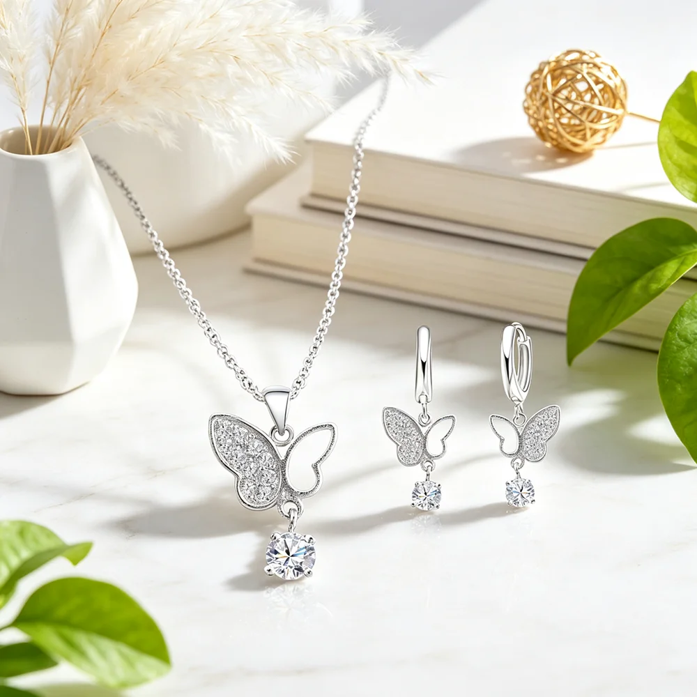 New Trendy Genuine 925 Sterling Silver Jewelry Sets Butterfly Clear Cubic Zircon Necklace Pendant Hoop Earrings Jewelry Set