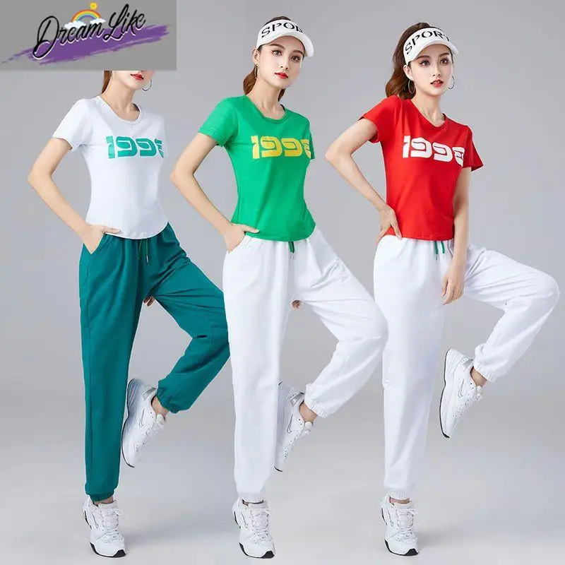 

Summer New Pure Cotton Square Dance Outfit ort Sve Sweatpants Sport Fitn Casual Performance Clothes Step Dance