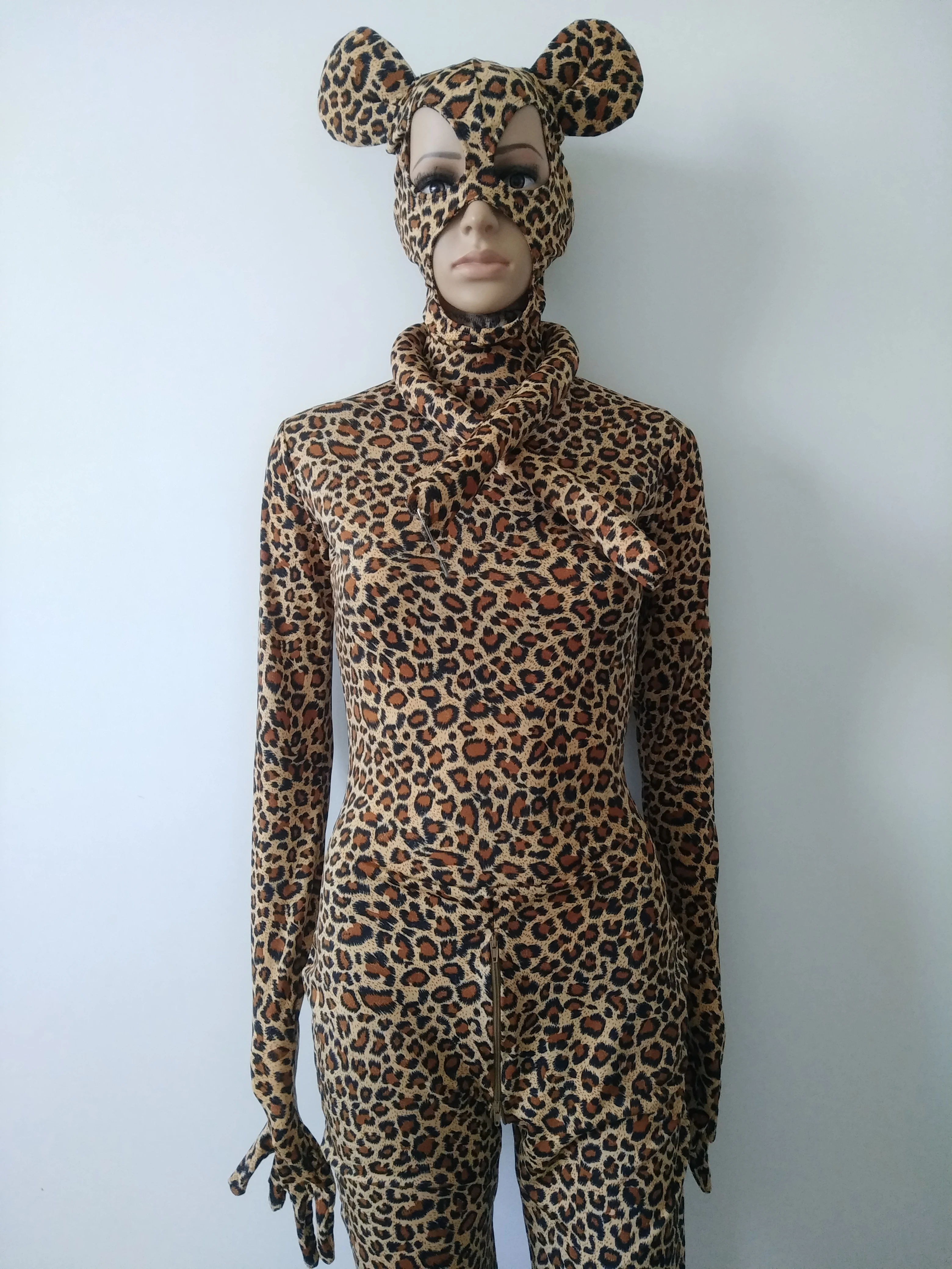 Disfraz de anime con estampado de leopardo para Halloween, mono entallado con estampado de animales, trajes Zentai de fantasía con colas extraíbles