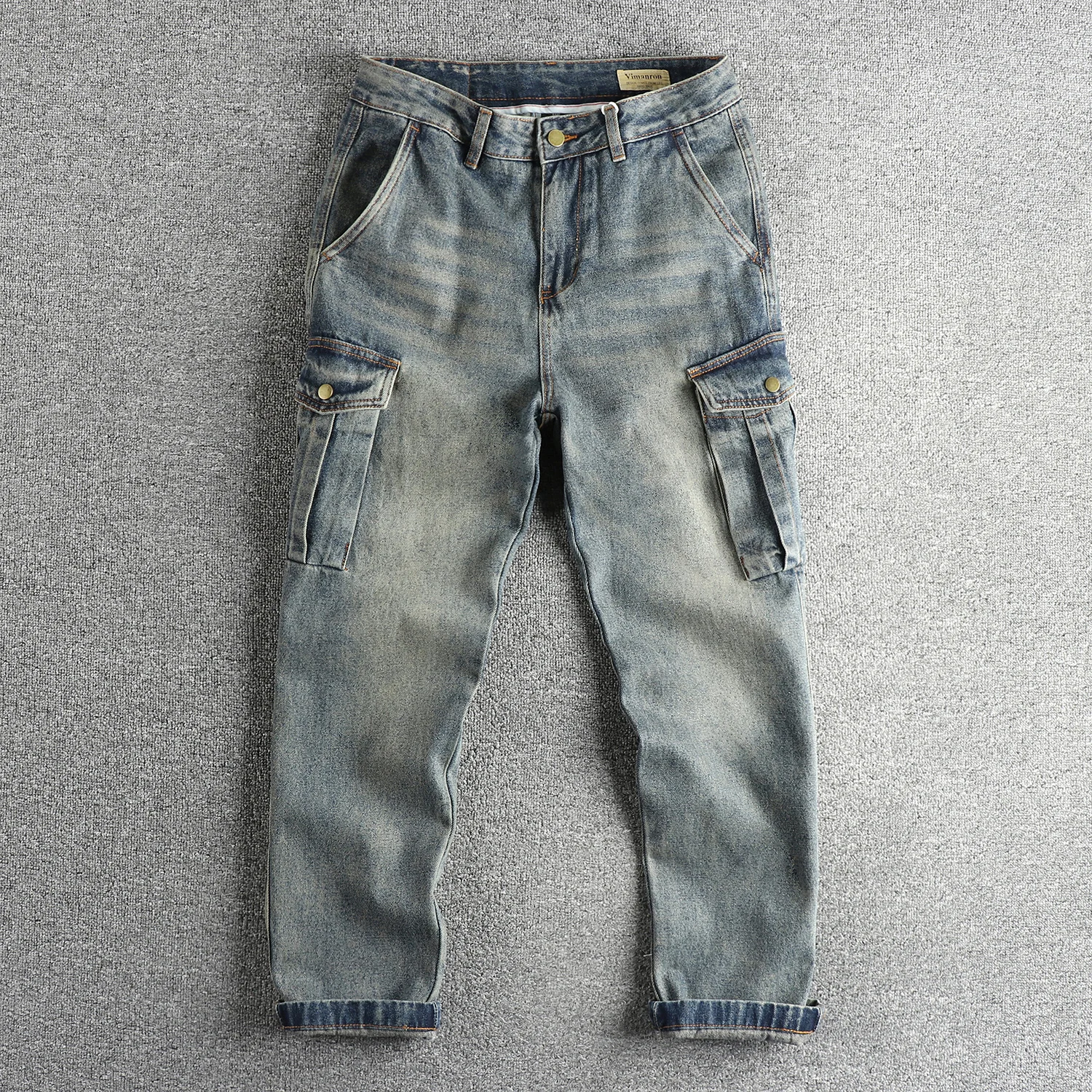 2025 Spring and Autumn New American Retro Denim Cargo Jeans Men's 72.3% Cotton Washed Loose Casual Multi-pocket Tapered Pants