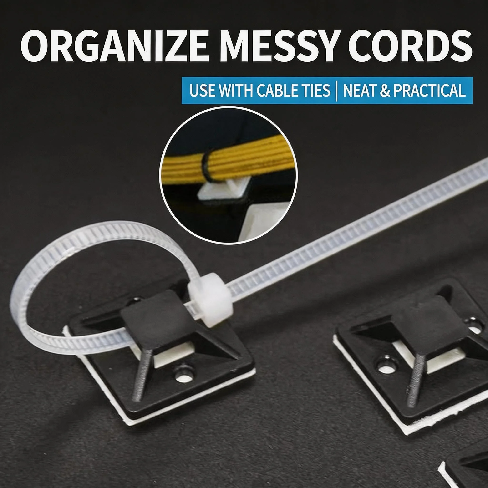 100/200/400pcs Self-Locked Nylon Cable Tie+Nylon Square Plastic 3M Self Adhesive Wire Zip Fixed Seat Holder Cable Tie Mount Base