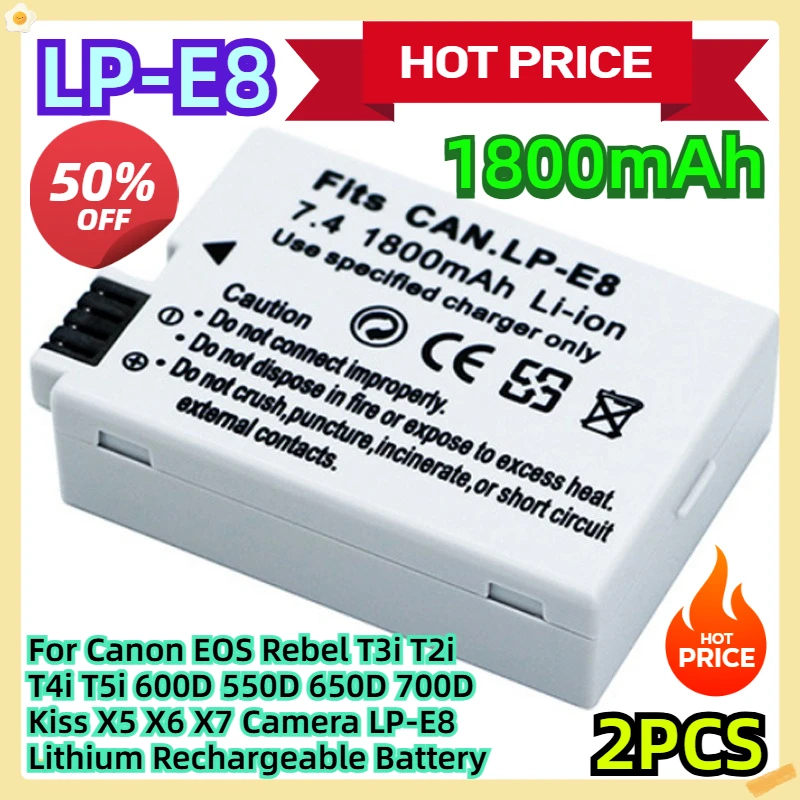 

For Canon EOS Rebel T3i T2i T4i T5i 600D 550D 650D 700D Kiss X5 X6 X7 Camera LP-E8 Lithium Rechargeable Battery 1800mAh 2pcs