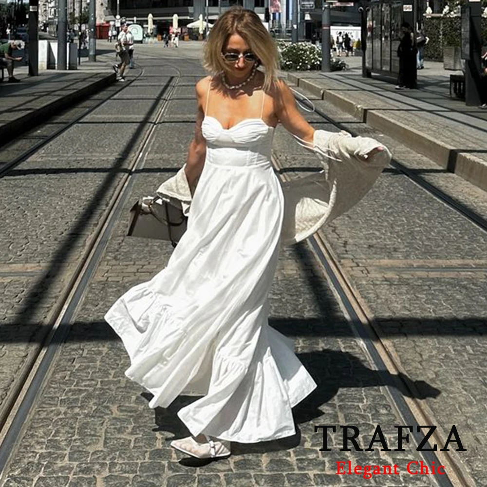 TRAFZA Sexy Solid White Cami Long Dress Women Corset V Neck Backless Summer Dress Fashion 2024 Elegant Ruffles Y2K Girl Dress