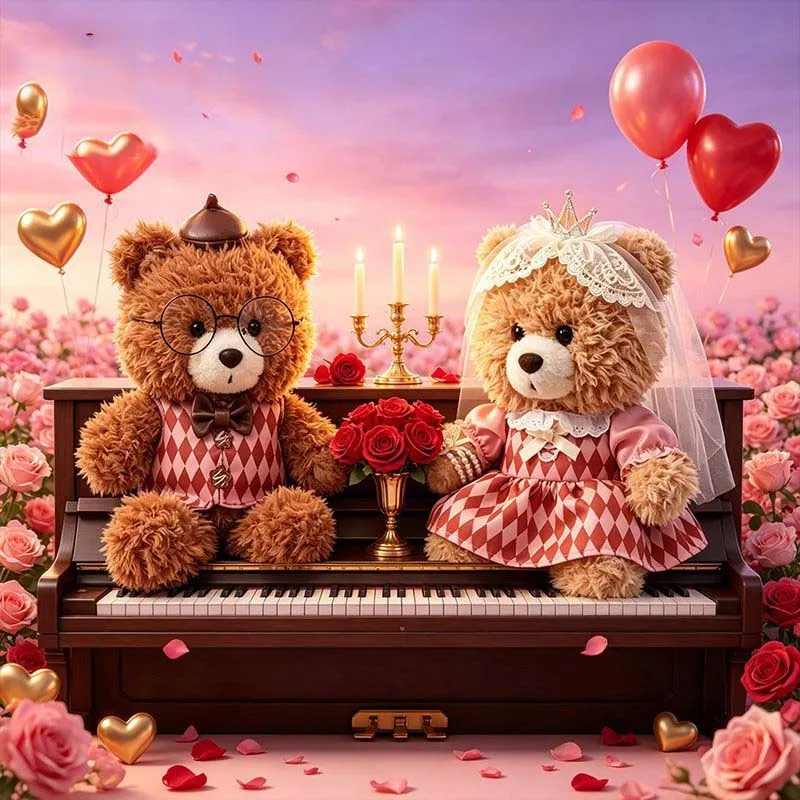 Romantic Wedding Couple Bear Plush Toy Set with Glasses Vest and Veil Crown Dress for Valentines Day Surprise Gift for Lovers