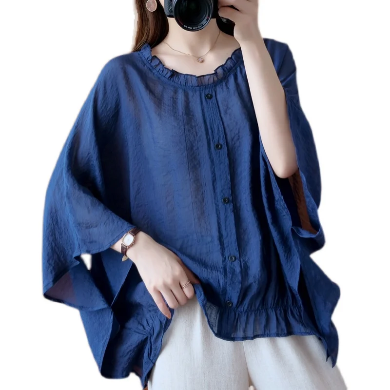 New Summer Women's Loose Linen irt Batwing Sve Slimming Top Korean Sle round Ne ort Sve Faion Trend 2025