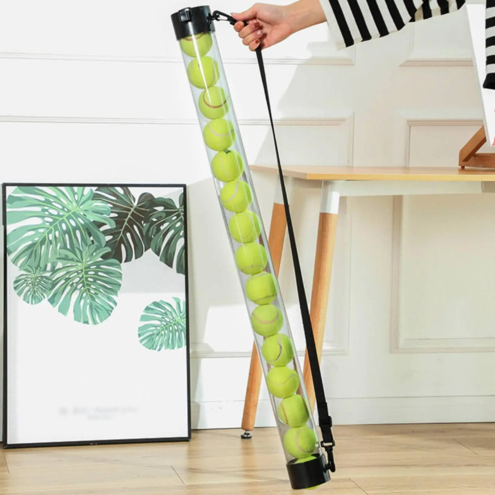 Ball collection tube with shoulder strap, transparent tennis ball collector with