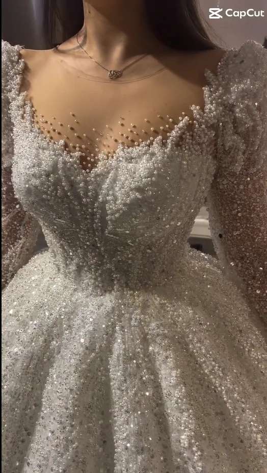 New Illusion Neck Long Sleeve Wedding Dress Rhinestone Beaded Sparkly Cathedral Luxury Bridal Dress Vestido De Novia Customized