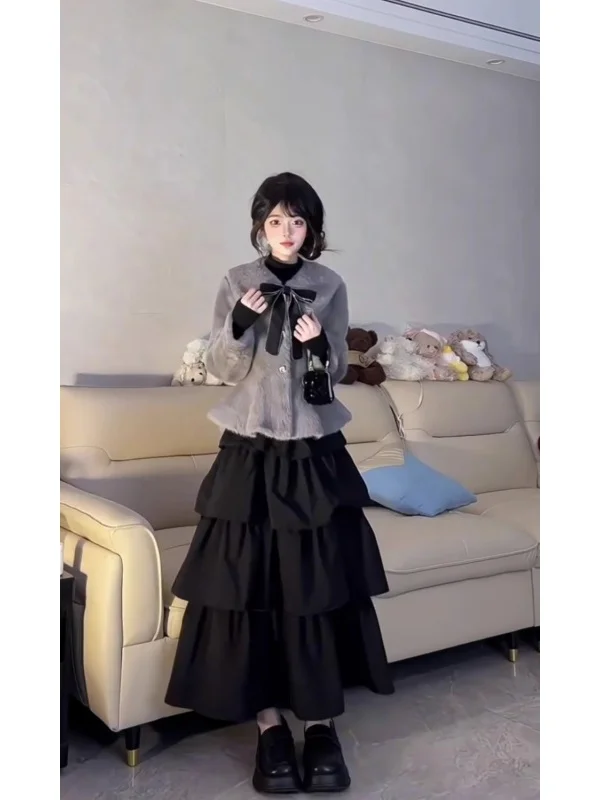 

Retro Ele ort Open Cardigan And Skirt Two Piece Set Pure Desire Fur Autumn Winter Faion Women's Ensemble