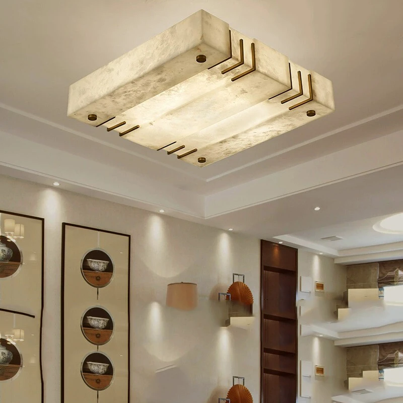 White Marble Ceiling Lamp Natural Spanish Marble Ceiling Chandelier Home Decor Lamparas Brass Light Fixture For Living Room