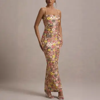 Summ 女士花朵亮片拼接修身派對長裙無肩帶時尚連身裙,性感無袖女士連身裙 8 最佳銷售 夏日派對禮服 - №3