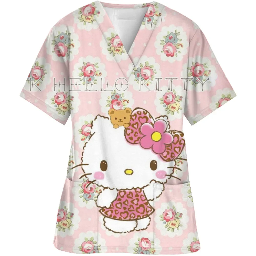 Uniforme da infermiera Donna Manica corta Hello Kitty Uniforme da lavoro Tasca Scrub Top Uniformi mediche con scollo a V infermieristiche Accessori