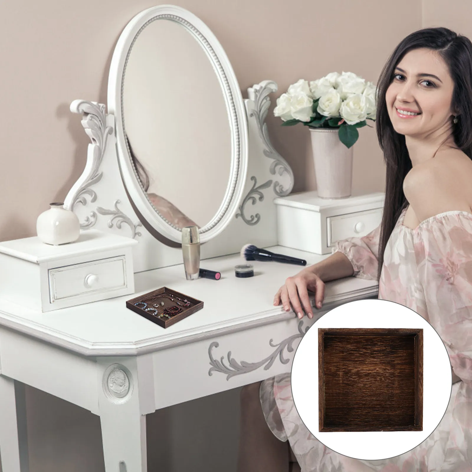 

Набор из 2-х деревянных подносов для хранения украшений с гладкой поверхностью, креативный стильный настольный органайзер для ювелирных изделий, косметики и мелких предметов для дома