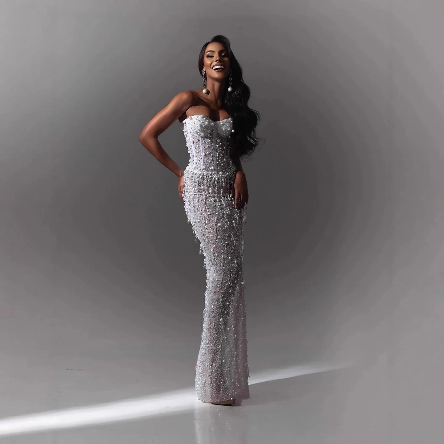 

Sexy Strapl White Pearl Bal Long Dr Sparkling Evening Gown Full Body Coverage High Waist Floor Length Cany Dinner