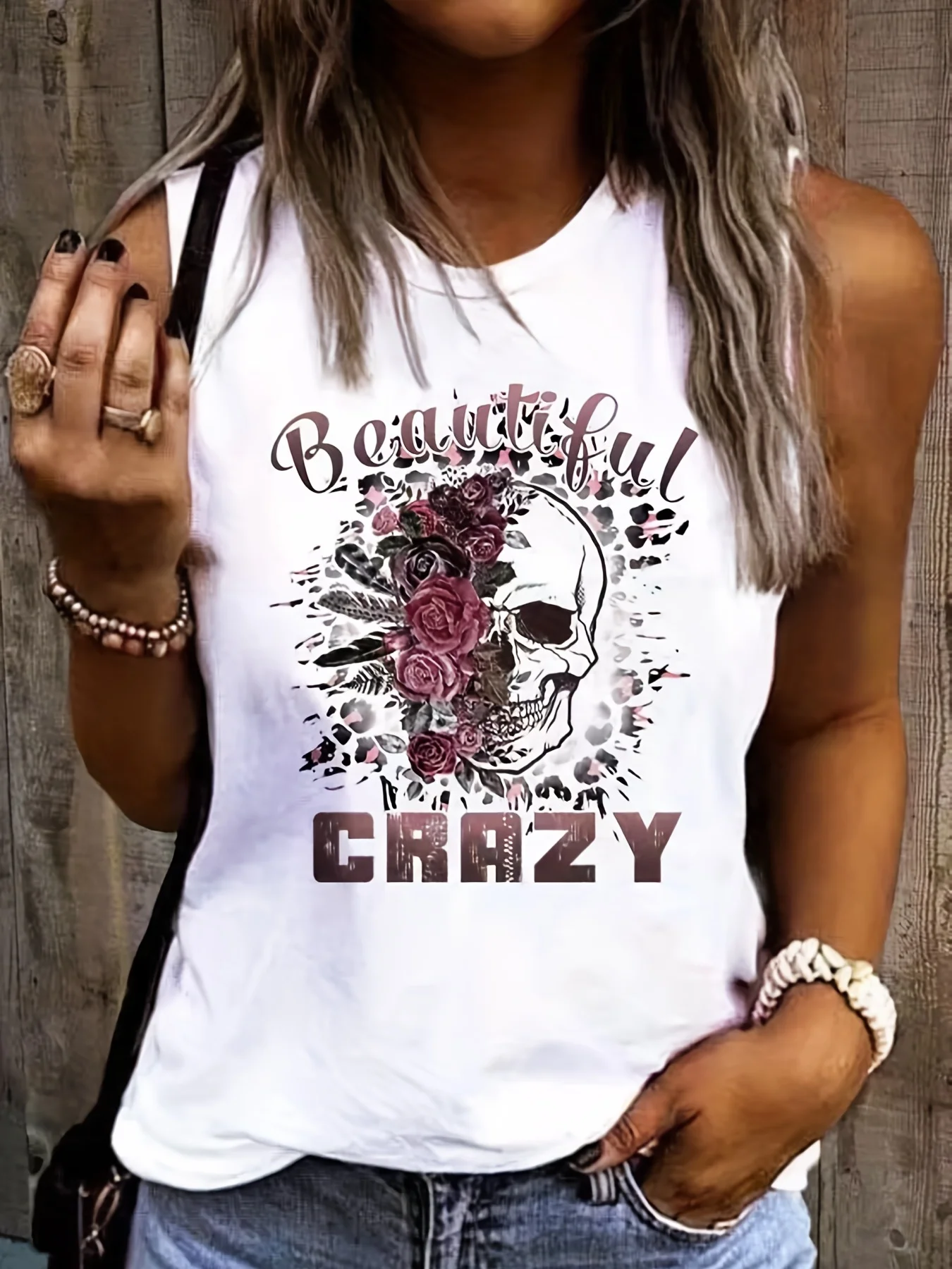 Damski letni szkieletowy nadruk kwiatowy duży swobodny bez rękawów luźny podkoszulek T-shirt Streetwear obszerna kamizelka z dekoltem w kształcie litery "o" Off Should