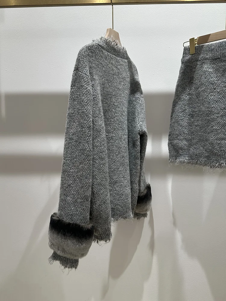 New Autumn Knitted Sweater Real Fox Fur Stripe Pullover With Skirt Suit Loose Coat Outwear Female Luxury Jacket - view 5