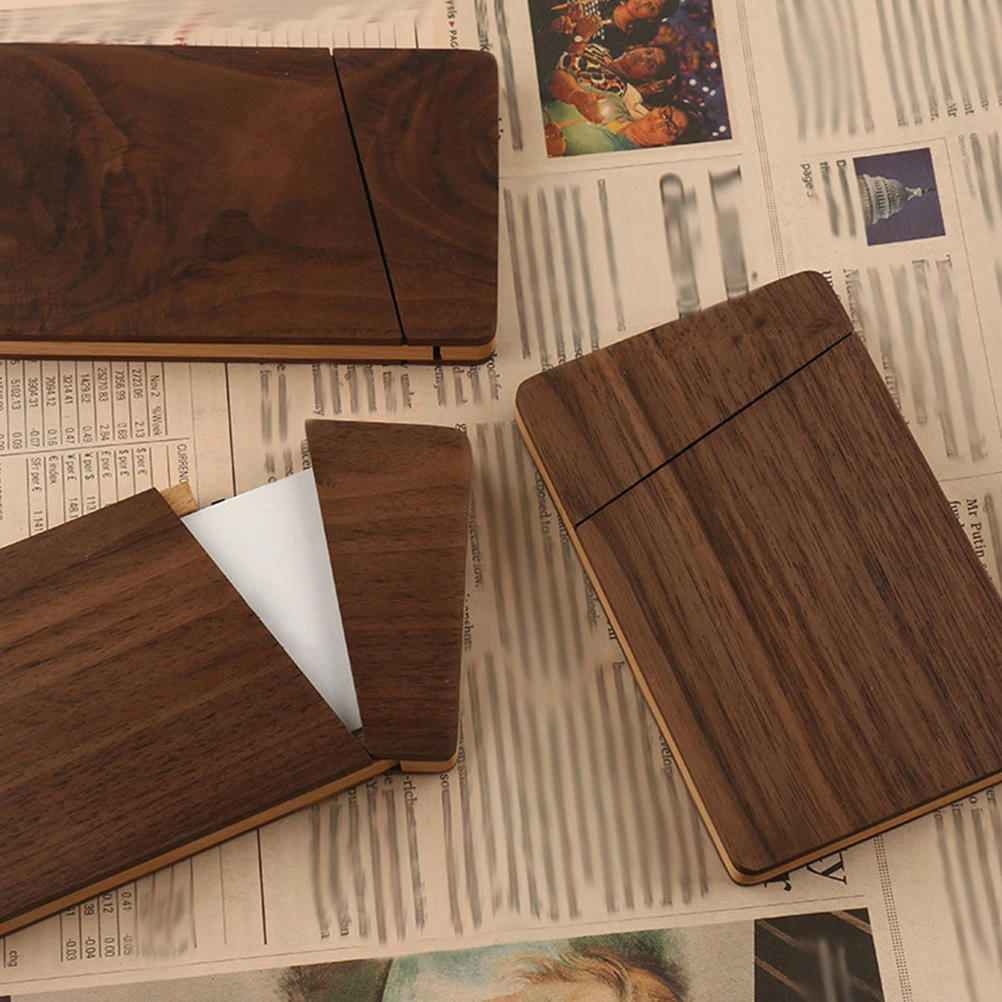 

Wooden Business Card Holder Walnut Color Thin Design Large Capacity Desk Organizer Portable Gift for Men Office Accessories