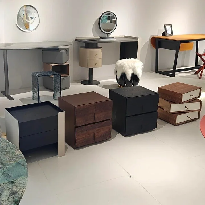 Modern Minimalist White Wooden Bedside Table with Warm Wood Ring-Pull Drawers Luxury Foldable Bedroom Nightstand