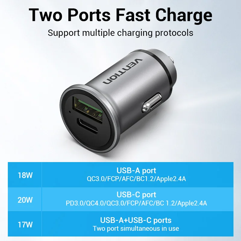 Vention Car Charger Type C Fast USB Charger for iPhone 12 13 Xiaomi Car Charging Quick 4.0 3.0 Charge Moible Phone 20WPD Charger