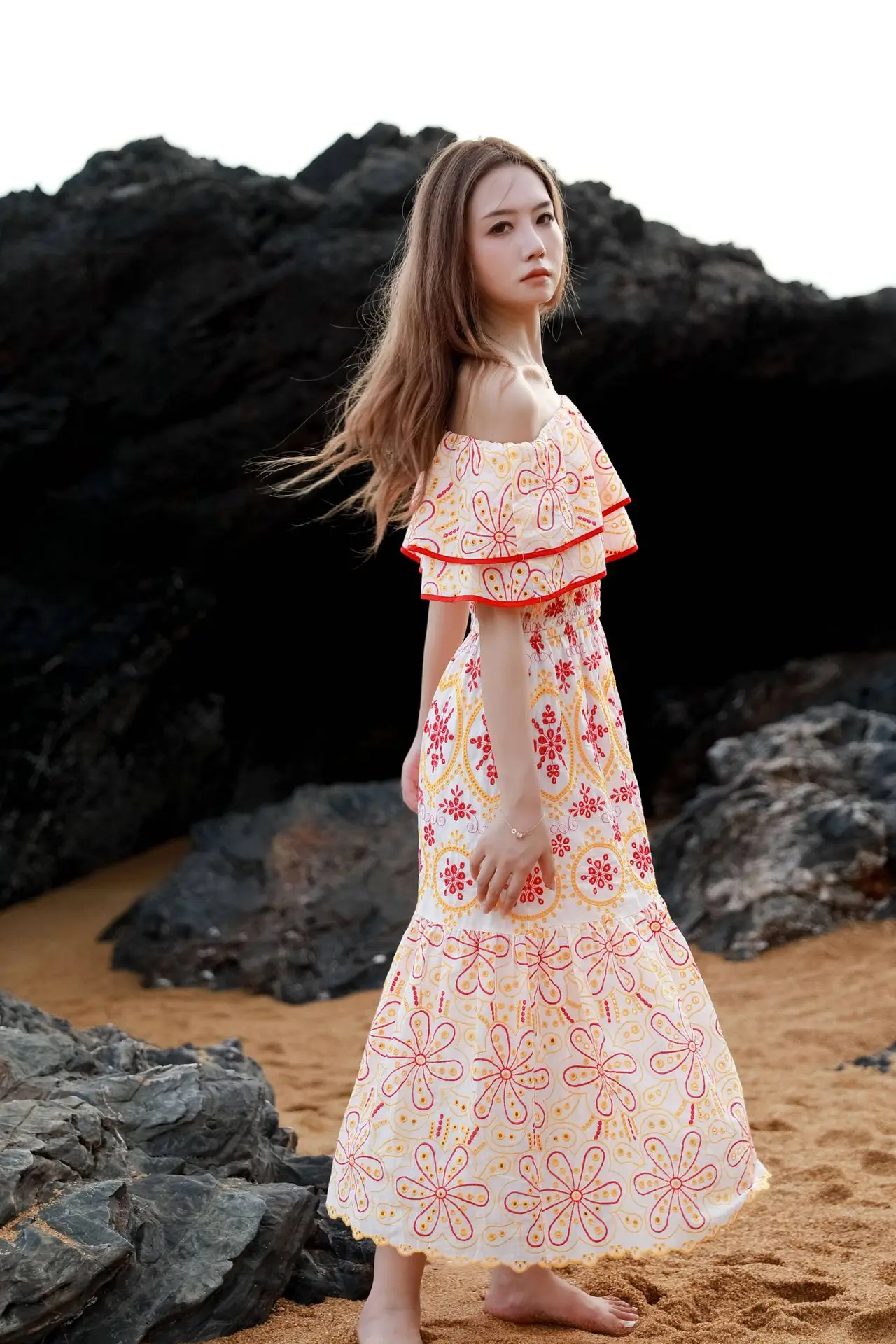 Jastie 2023 Summer Bohemian Dresses Women Seaside Resort Style Long Dress Ruffle Slash Neck Elastic Waist Embroidered Dress