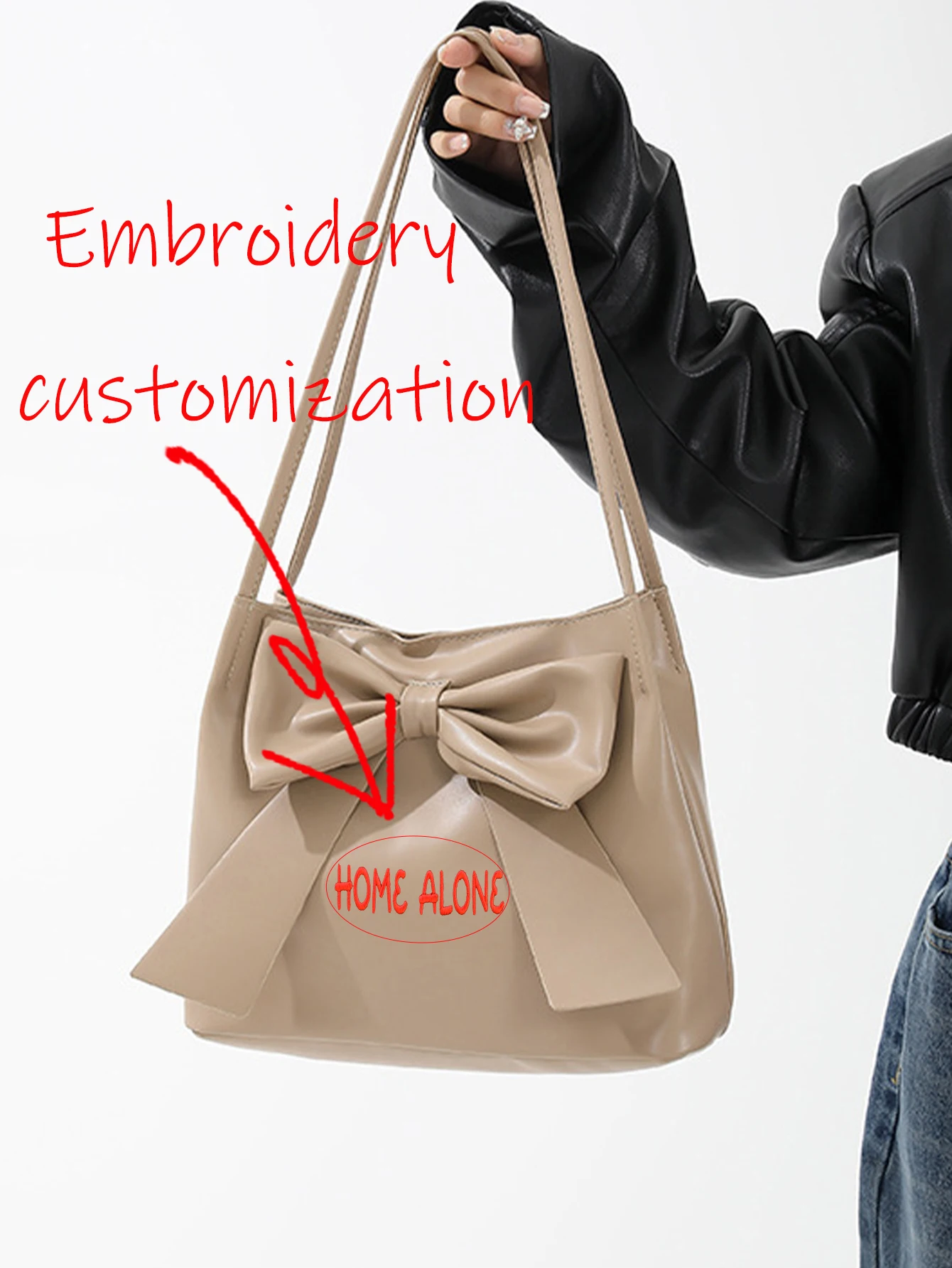 (Please private message customer service) Large capacity shoulder bag DIY embroidery custom bow bag