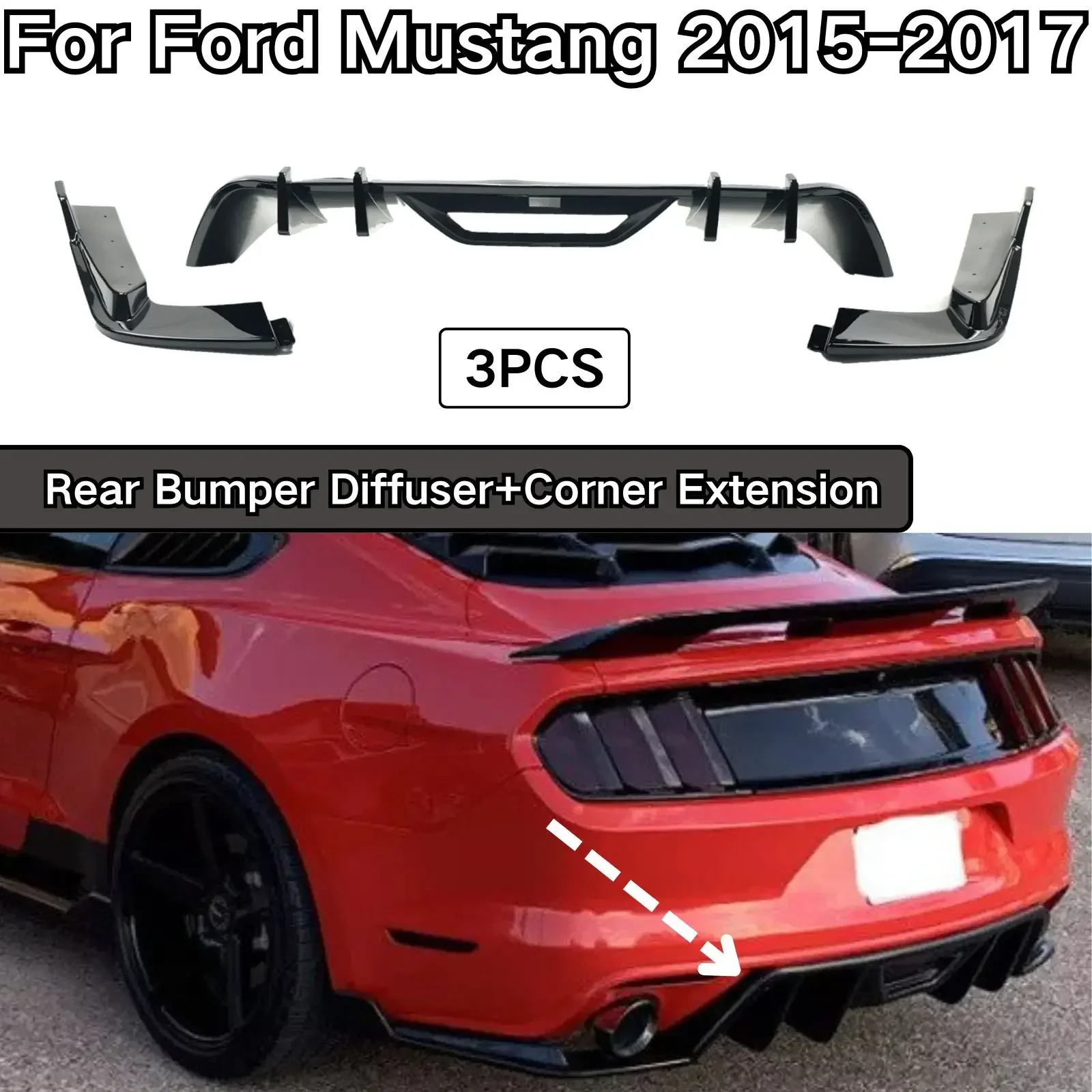 New！ Rear Bumper Diffuser For Ford Mustang 2015-2017 Carbon Fiber Look Glossy Black Matte Black Car Accessories Corner Extension