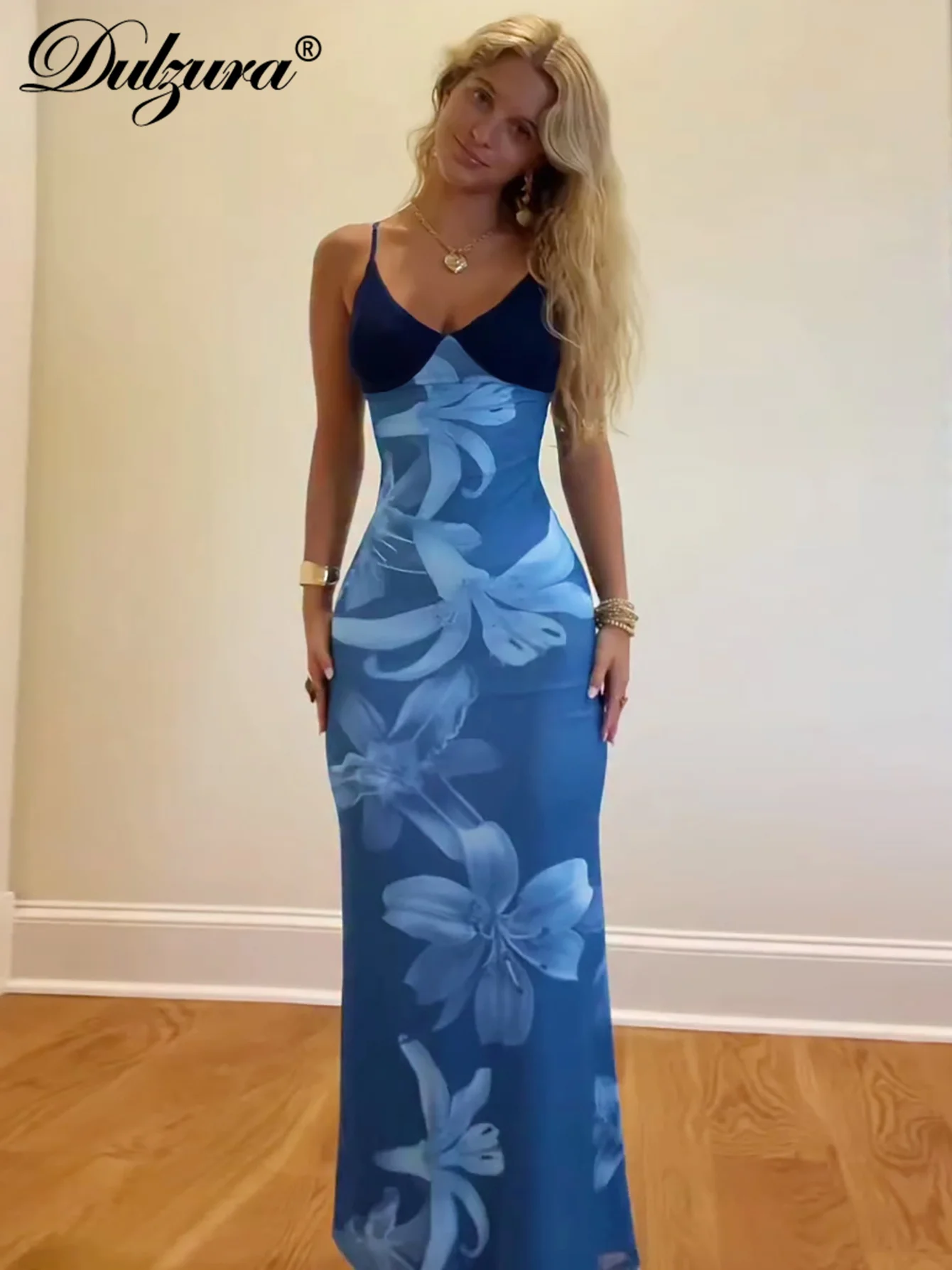 Dulzura sans manches dos nu moulante Patchwork imprimé maille Cami longue robe Sexy élégant décontracté robe Maxi fête Club tenue d'été