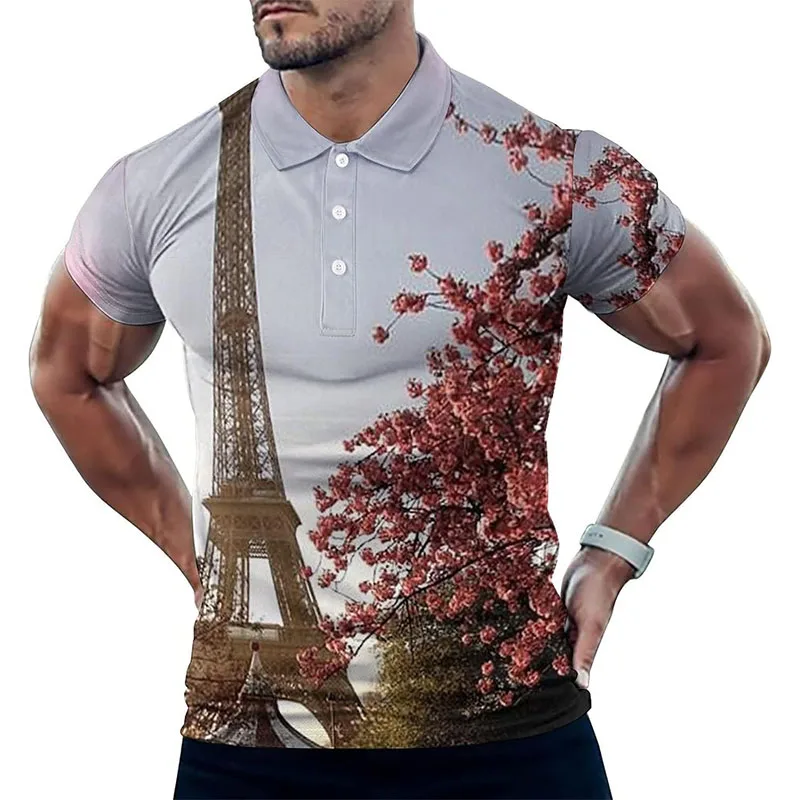 Mens Short Sleeve Golf Polo Shirt Full Printed France Eiffel Tower Graphic Tshirts Oversized Button New In Top Tees Streetwear