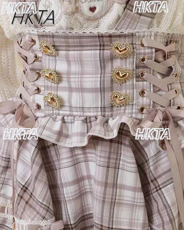 Original Japanese Mines Lolita Strap Skirts Women High Waist and Thin Frilly Pleated Skirt College Style Liz Girl Plaid Skirt